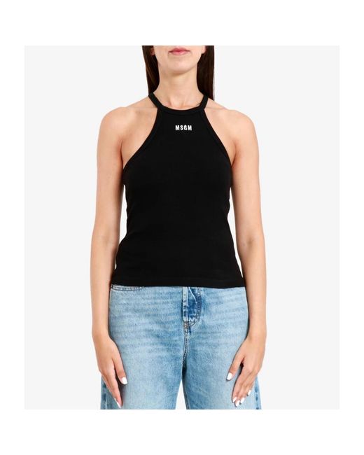 MSGM Tops ,Zwart ,Katoen Zwarte Geribbelde Katoenen Top Met Ronde Hals in het Black