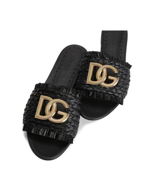 Dolce & Gabbana Black Dg Logo Rafia Flat Sandals