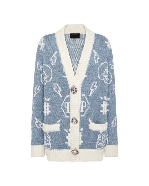 Philipp Plein Truien & Vesten ,Blauw ,Wol Jacquard Cardigan Monogram in het Blue