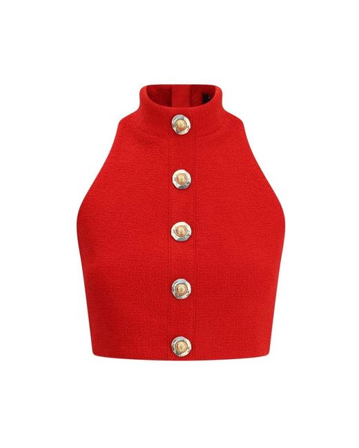 Balmain Red Bouclé Woll Crop Top
