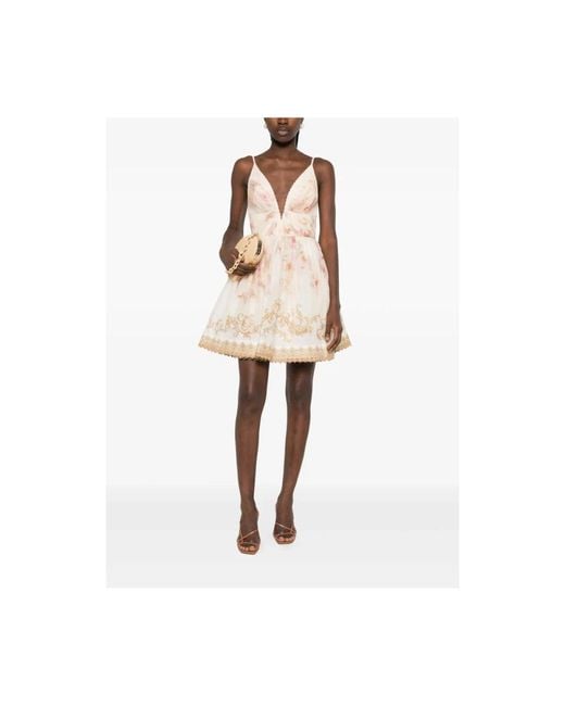 Zimmermann Natural Blumendruck V-Ausschnitt Kleid Mit Raffiabesatz