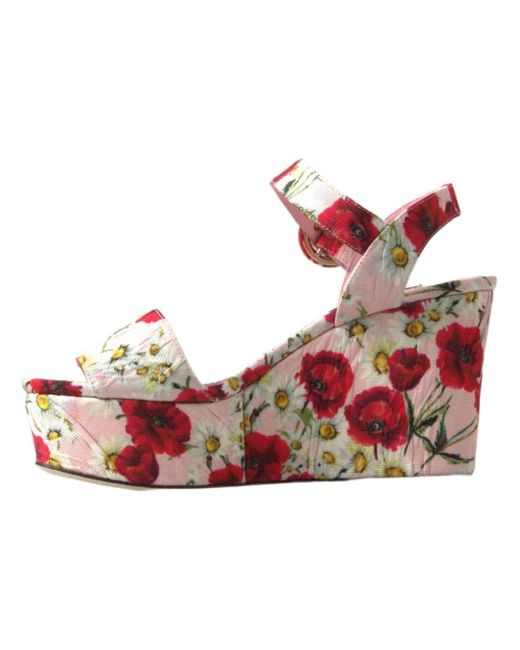 Dolce & Gabbana Red Floral Print Wedges Floral Ankle Strap Sandals