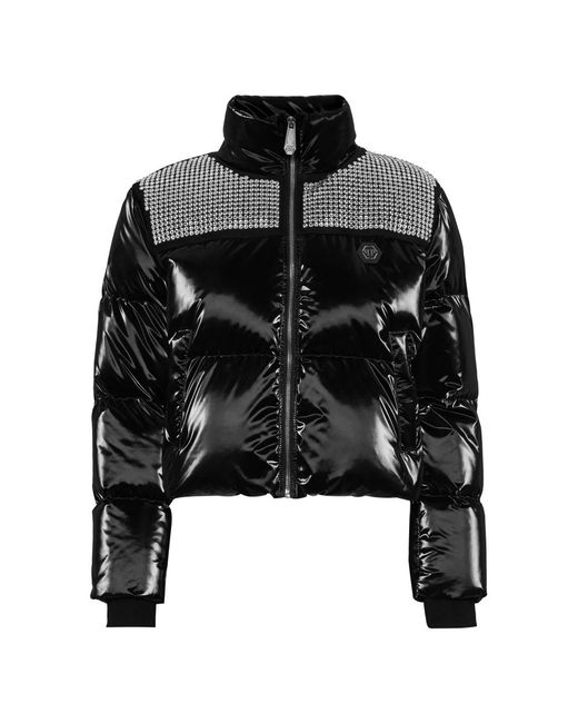Philipp Plein Jassen ,Zwart ,Nylon Crystal Nylon Puffer Jacket in het Black