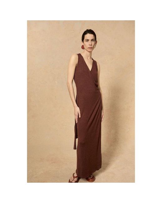 Cortana Brown Burgunder leinen seiden wickelkleid