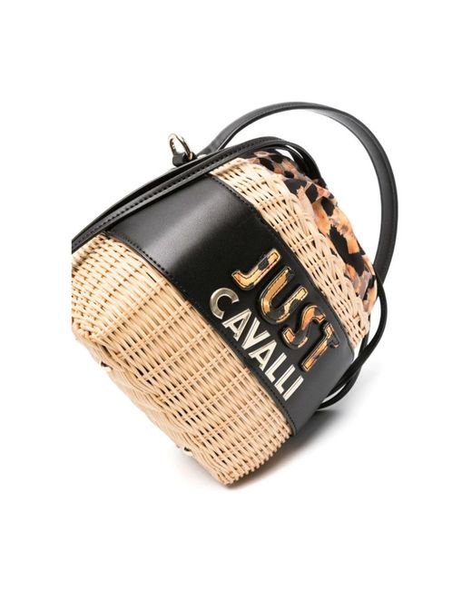 Just Cavalli Black Basket-weave Logo-embossed Bucket Bag