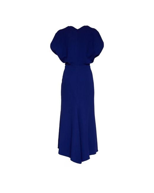 Victoria Beckham Blue Asymmetric Hem V-Neck Midi Dress