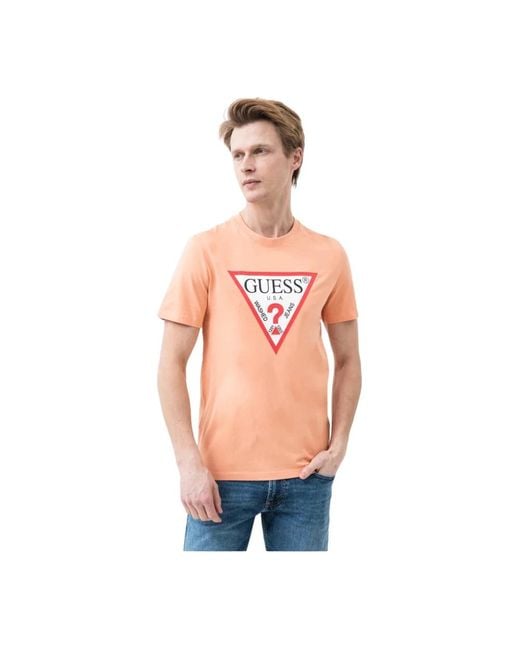 Guess Iconique slim fit logo t-shirt in Pink für Herren