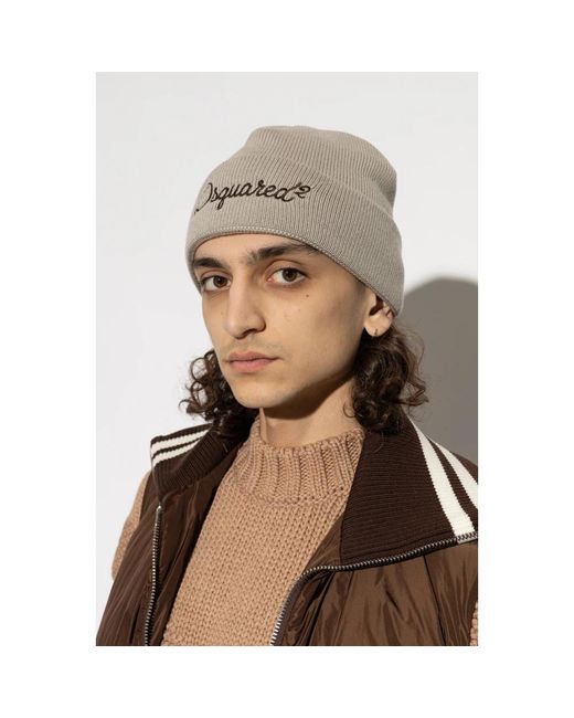 DSquared² Accessoires ,Grijs ,Wol Wollen Muts Met Geborduurd Logo in het Natural voor heren