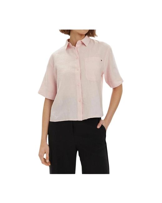 Camisa de lino corta con logo bordado Tommy Hilfiger de color Gray