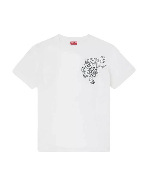 KENZO Tops ,Wit ,Katoen Witte Tiger Star Geborduurd T-Shirt in het White