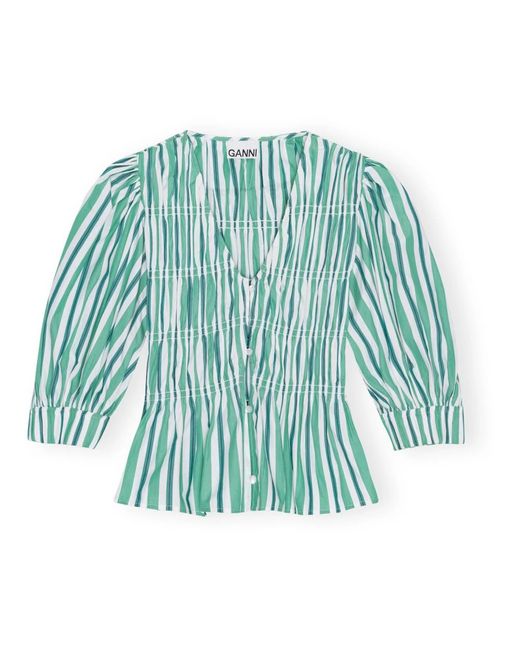 Blusa verde a rayas de algodón con cuello en v Ganni de color Green