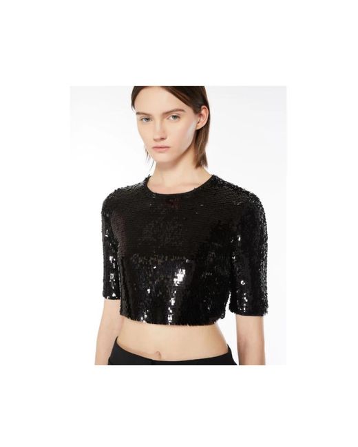 Sportmax Overhemden ,Zwart ,Tule Sequin Mesh Crop Top in het Black