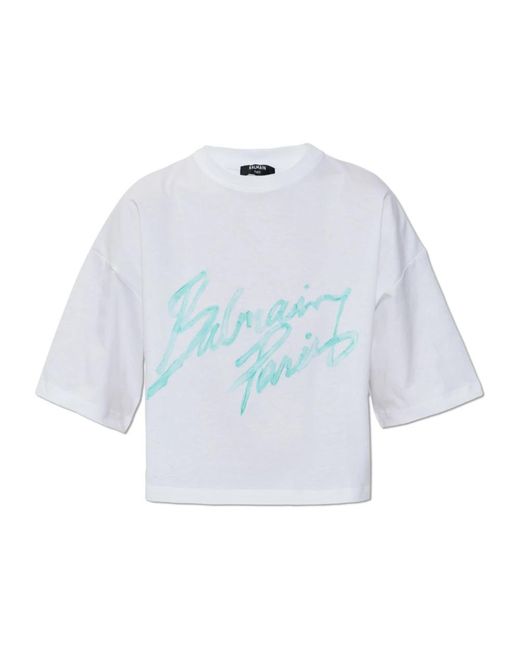Balmain Tops ,Wit ,Katoen Short Loose-Fit T-Shirt in het Blue