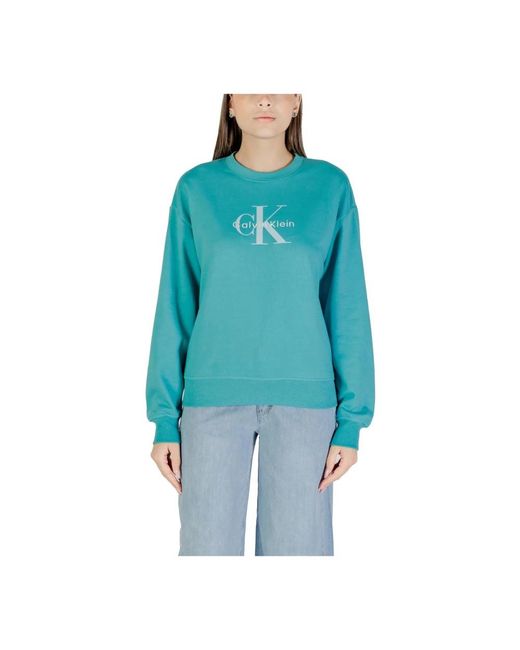 Calvin Klein Hoodies & Sweatvesten ,Blauw ,Katoen Gedrukte Ronde Hals Sweatshirt in het Blue