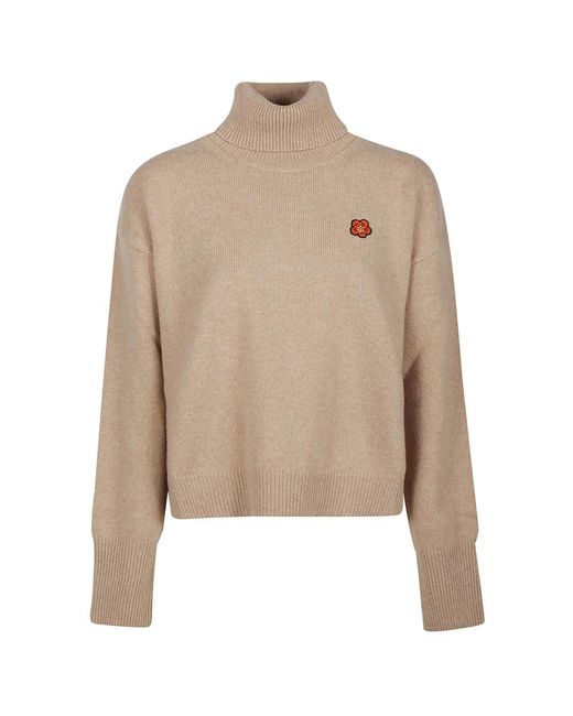 KENZO Natural Tabac Boxy Crest Turtle Neck Pullover