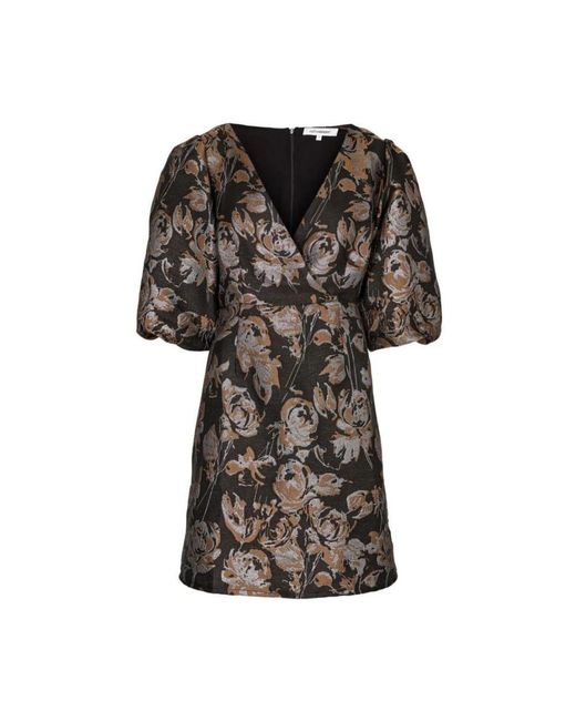 co'couture Kleedjes ,Zwart ,Stella Jacquard Jurk Met Pofmouwen En V-Hals in het Black