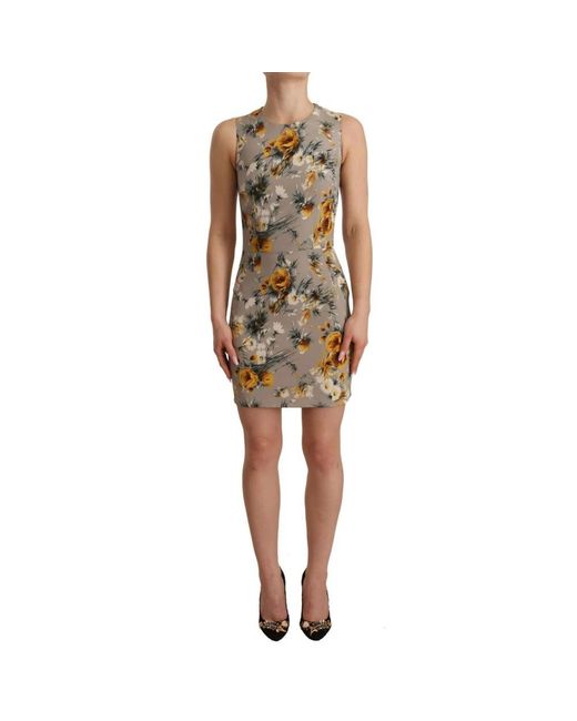 Dolce & Gabbana Natural Gray Silk Stretch Floral Sheath Mini Dress