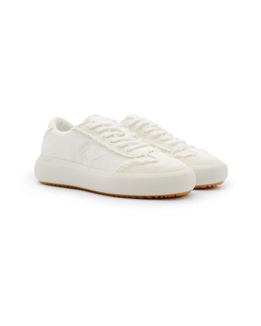 Sun 68 White Weiße Stoff-Sneaker Fransendetail Mit Logo