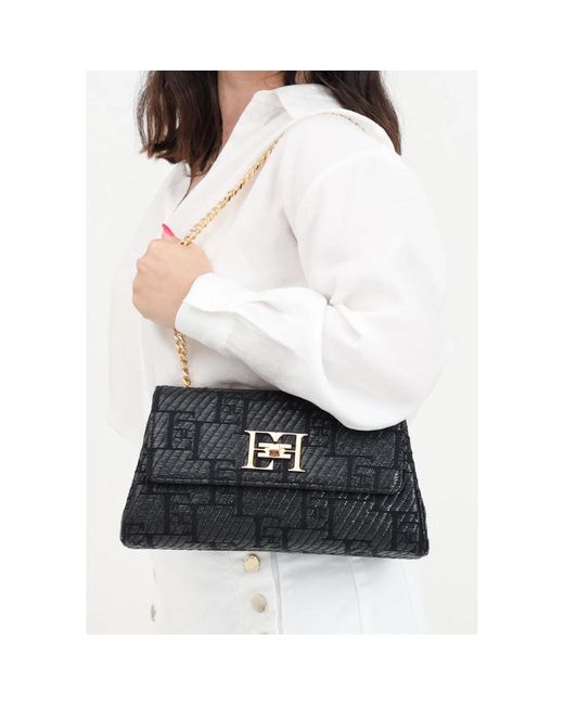 Elisabetta Franchi Black Schwarze umhängetasche mit clipverschluss,schwarze jacquard-schultertasche mit kettenriemen