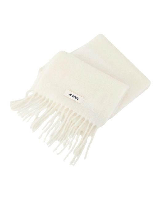 Jacquemus White Beiger Schal Mit Fransen Und Logo-Patch