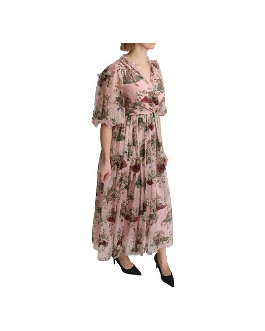 Dolce & Gabbana Brown Pink Bengal Cat Print A-line Maxi Silk Dress
