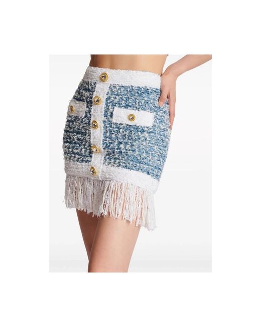 Balmain Rokken ,Blauw ,Tweed Powder Tweed Rok Met Franje Detail in het Blue