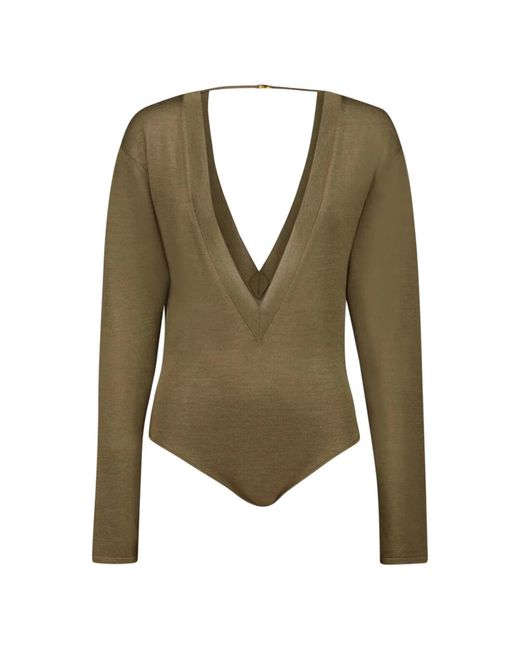 Body De Malla Verde Con Escote En V, Mujer, Talla Saint Laurent de color Green