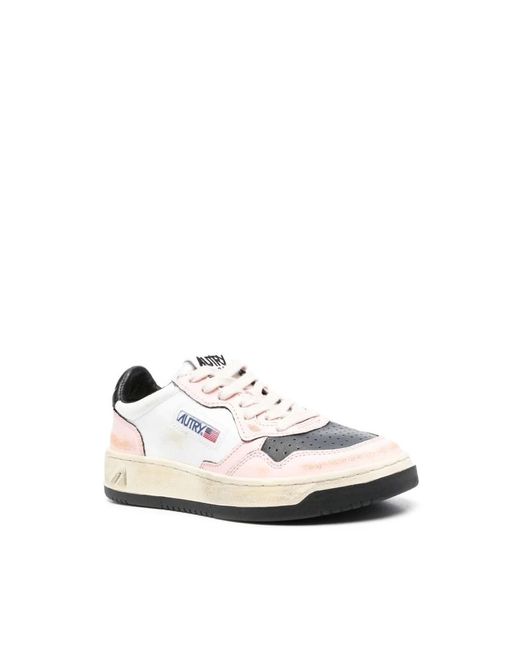 Autry White Vintage low leder sneakers in weiß/schwarz/rosa