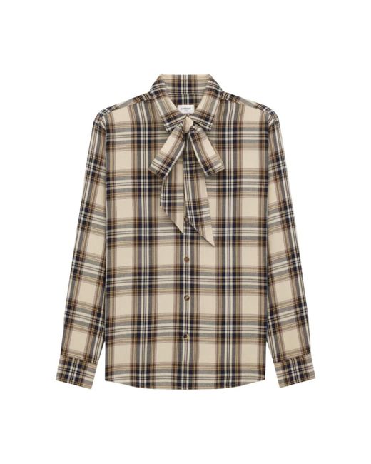 Saint Laurent Katoenen Tartan Lavallière Shirt Met Strik in het Natural
