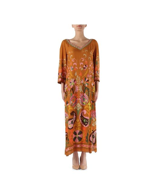 Maliparmi Orange V-ausschnitt kaftan-kleid mit dekorativem print