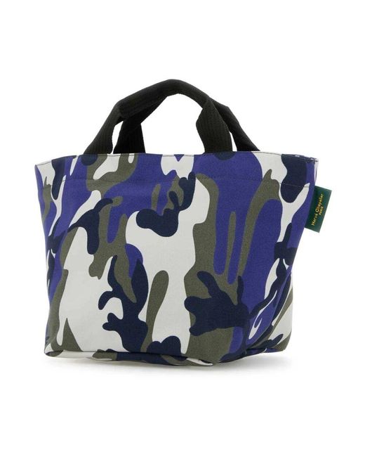Herve Chapelier Blue Canvas einkaufstasche mit stilvollem druck