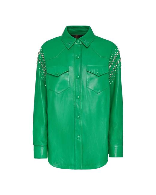 Philipp Plein Oversize Leren Shirt Crystal in het Green