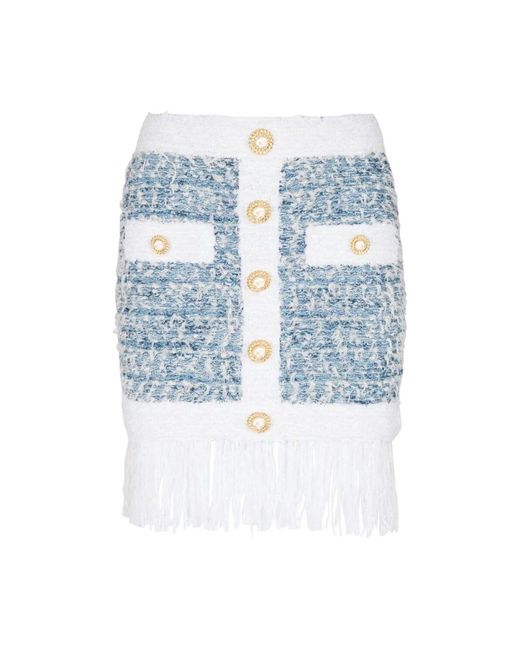 Balmain Rokken ,Blauw ,Tweed Powder Tweed Rok Met Franje Detail in het Blue