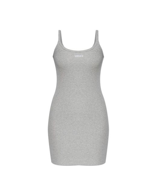 Versace Kleedjes ,Grijs ,Katoen Geborduurde Geribbelde Katoenen Mini Jurk in het Gray