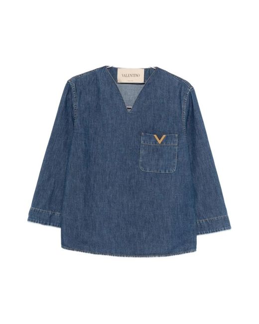 Valentino Overhemden ,Blauw ,Denim Vlogo Signature Denim Blouse in het Blue