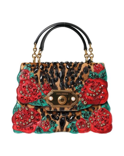 Dolce & Gabbana Red Leopard rose embellished tote bag