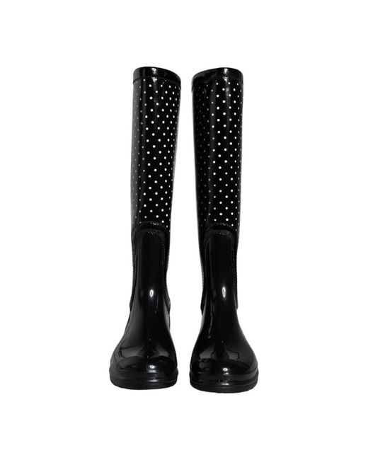 Dolce & Gabbana Black Polka Dot Rubber Knee High Boots Shoes