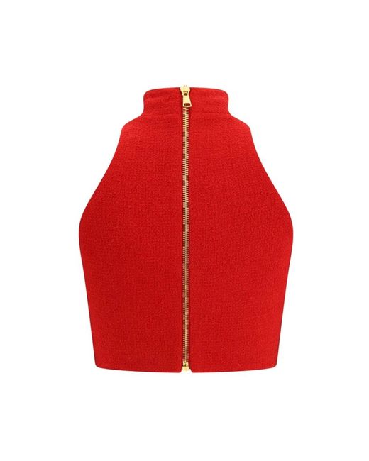 Balmain Red Bouclé Woll Crop Top