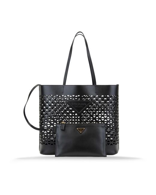 Prada Black Leder-Schultertasche Mit Perforierten Dreiecken
