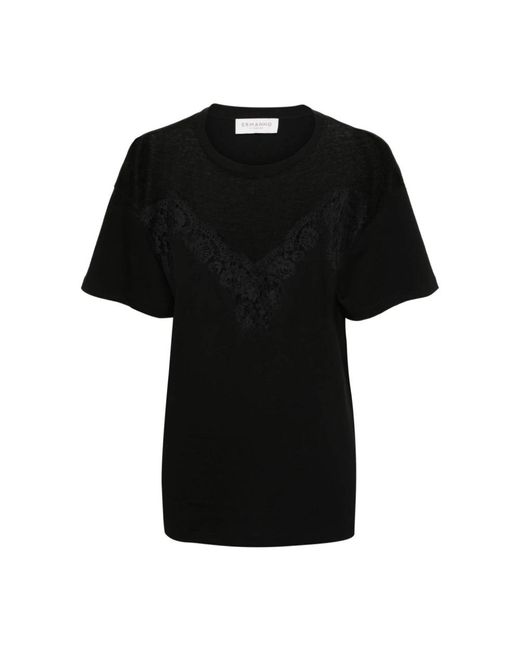 T-shirt nera con pizzo floreale e pannello in mesh di Ermanno Scervino in Black
