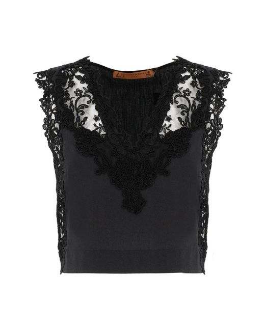 Ermanno Scervino Black Lace Embellished Cotton Sleeveless Top