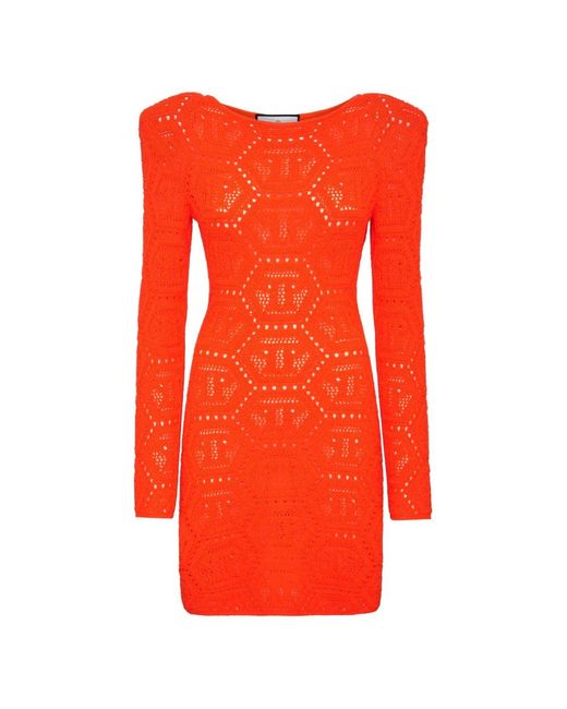 Philipp Plein Red Knitted Dresses