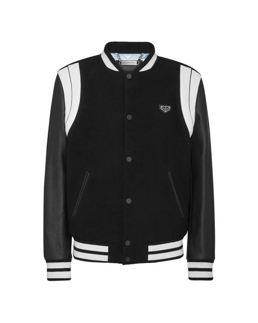 Philipp Plein Jassen ,Zwart ,Leer Bomber Jacket Lederen Mouwen College in het Black voor heren