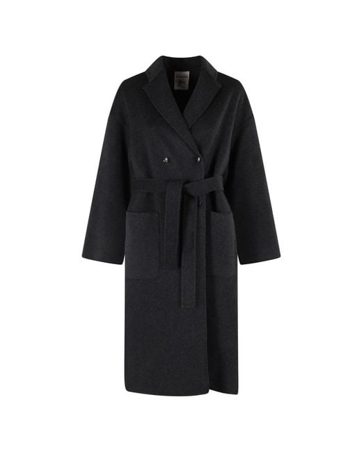 Semicouture Black Blauer Wollmantel Mit Umgekehrtem Ausschnitt