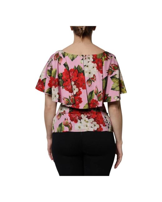 Dolce & Gabbana Overhemden ,Veelkleurig ,Roze Bloemige Zijden Blouse Top in het Red