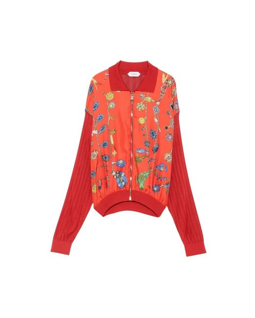 Versace Red Jewellery-Print Pleated-Sleeve Cardigan