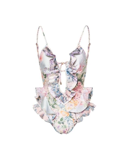 Zimmermann Floral Print Ruffled Plunge Badpak in het Multicolor