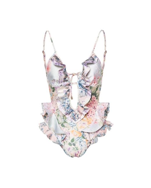 Zimmermann Floral Print Ruffled Plunge Badpak in het Multicolor