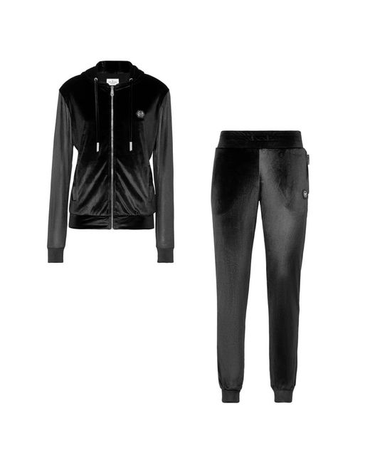 Philipp Plein Velvet Jogging Tracksuit Skull Strass in het Black