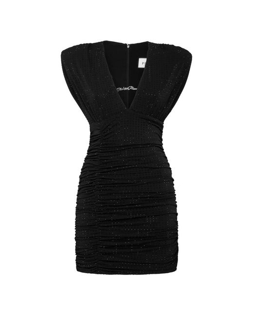 Philipp Plein Kleedjes ,Zwart ,Polyester Jersey Mini Jurk Strass Signature in het Black